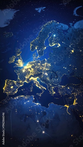 Nighttime map of Europe showing city lights and flight paths