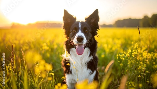 Black and white dog in a field of yellow flowers, sun setting behind