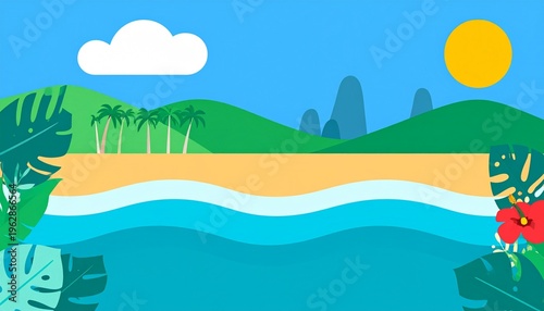 Minimalist flat design illustration of a tropical beach landscape under sunny sky