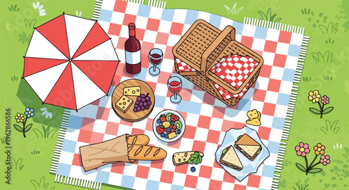 A cartoon picnic scene with food, wine, and a red and white umbrella