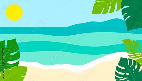 Tropical beach summer vacation vector background with sun and monstera leaves