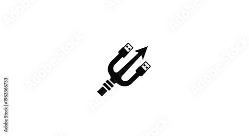 USB trident icon designed with three distinct USB plugs forming the prongs of a mythical sea god's weapon, symbolizing powerful digital connectivity and data transfer capabilities, presented on a.