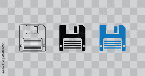 Collection of floppy disk icons: black, blue, and outline, on transparent background