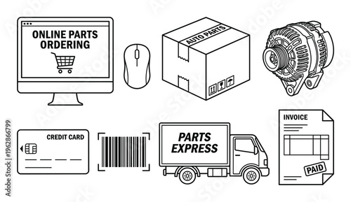 Online auto parts ordering illustration for e-commerce and delivery services
