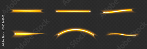 yellow glowing led light line beam collection. Bright luminous fluorescent bar stick lines. Shining cold color strip element pack to divide, separate, decorate