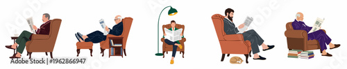 Collection of five men of different ages sitting in armchairs and reading newspapers, vector illustration on white background.