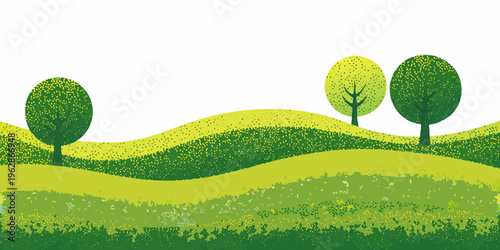 Stylized green landscape with rolling hills and dotted trees
