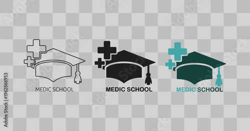 Medical School Graduation Cap Logo Icons with Caduceus and Cross Symbols