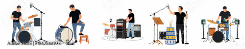 Flat illustration set of a male musician playing drums, recording vocals, and adjusting audio equipment in a music studio environment.