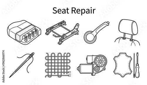 Seat repair tools and components outline on transparent background for automotive upholstery service