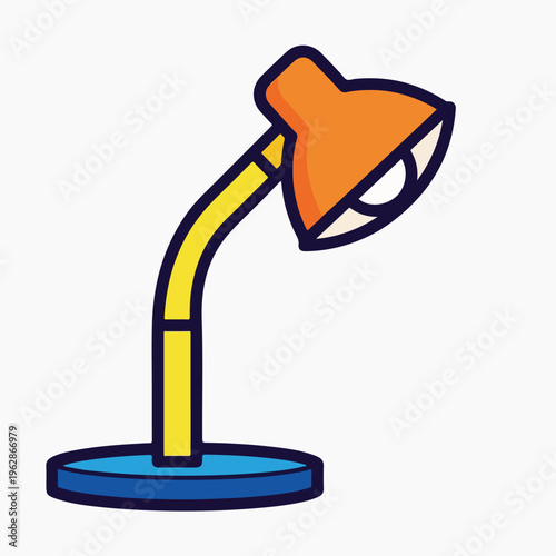 A cartoon-style desk lamp in yellow, orange, blue, with black outlines