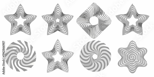 Abstract geometric shapes resembling stars and spirals in grayscale