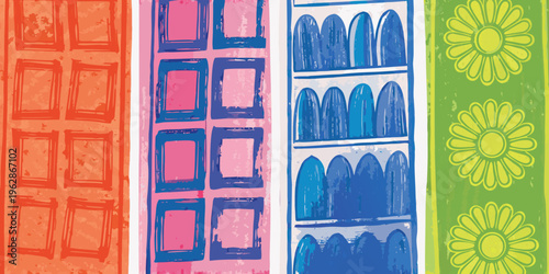 Colorful abstract patterns with repeating shapes and floral designs