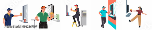 Set of flat illustrations of diverse fast food restaurant workers serving french fries, working at drive-thru windows and service counters.