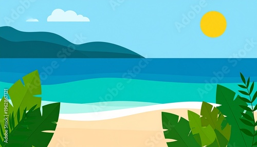 Tropical Beach Illustration with Ocean Waves Mountains and Summer Sun