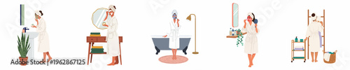 Collection of flat illustrations showing a woman in a white bathrobe performing various skincare routines and applying face masks in a modern bathroom.