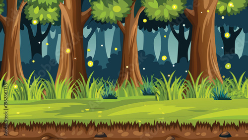 A brightly colored illustration of a forest with glowing fireflies