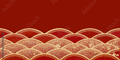 Elegant red background featuring ornate golden cloud and wave patterns