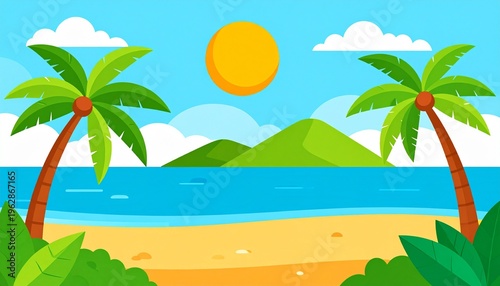 Tropical Beach Landscape Illustration with Palm Trees and Sun