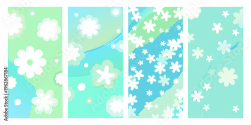 Abstract floral patterns in shades of green and blue arranged vertically