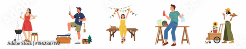 Set of diverse people enjoying summer outdoor activities, backyard BBQ party, and garden celebrations with food and drinks.