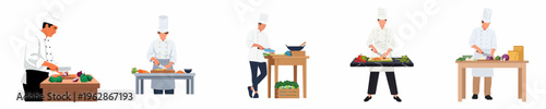Set of professional chefs in uniform preparing food and chopping vegetables on kitchen workbenches isolated on white background.