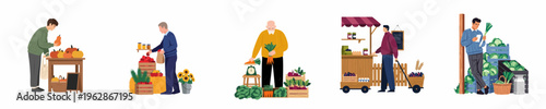A collection of flat vector illustrations depicting people shopping for fresh produce and seasonal vegetables at a local farmer's market.