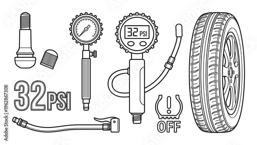 Set of car tire pressure gauge vector line icons, editable stroke, car maintenance
