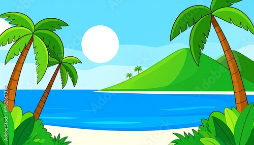 Cartoon Tropical Beach Landscape with Palm Trees and Ocean View