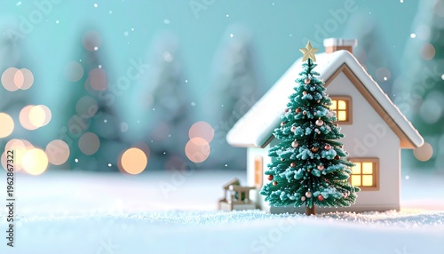 Tiny snowy house with Christmas tree, soft lights, and frosted trees