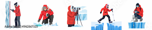 Set of arctic researchers and explorers conducting scientific studies and documenting the polar environment on ice and snow.