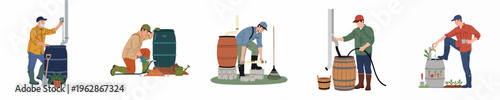 Set of illustrations showing men installing and using rainwater harvesting systems with barrels and downspouts for sustainable gardening and water conservation.
