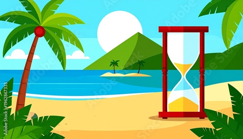 Tropical Beach Landscape with Hourglass and Palm Tree Illustration