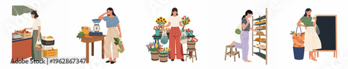 Flat vector illustration set of women shopping at local markets for fresh fruit, vegetables, flowers, and bread using eco-friendly reusable mesh bags.