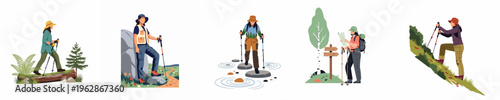 Set of five female hiker illustrations exploring nature, crossing streams, reading maps, and climbing hills in various outdoor landscapes.