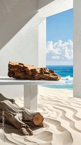 Architectural interior, driftwood on display, ocean view, sunlight