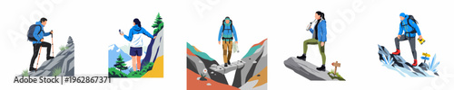 Set of flat illustrations showing male and female hikers exploring mountain trails with gear like backpacks, maps, trekking poles, and binoculars.