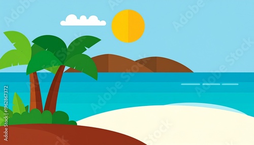 Tropical island beach illustration with palm trees and turquoise ocean water