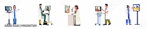 Flat vector illustrations of healthcare professionals using telemedicine and digital technology for remote patient consultations and virtual medical care across various scenarios.