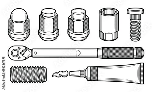 Set of lug nuts, bolts, sockets, and torque wrench line art vector illustration