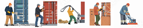 Vector illustrations of port and logistics workers handling shipping containers, cargo, and industrial equipment for maritime and transport terminal operations.