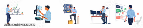 Collection of illustrations featuring a male stock market trader or financial analyst monitoring and analyzing real-time data, candlestick charts, and market trends.
