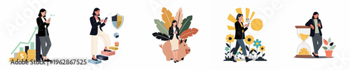 Set of five flat illustrations depicting a businesswoman managing personal finance, investments, savings, and wealth growth through a mobile application.