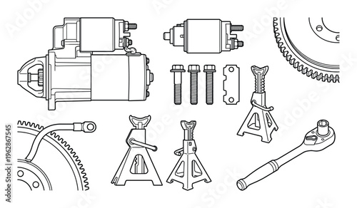 Starter motor assembly with solenoid jack stands and ratchet wrench for car electrical system repair