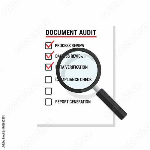 Magnifying glass on document audit checklist with checkboxes marked