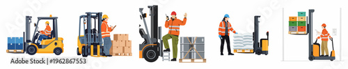 Collection of flat vector illustrations depicting warehouse workers operating forklifts and managing cargo including boxes, barrels, and crates in a logistics environment.