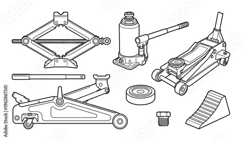 Set of various car jacks and accessories line art vector illustration