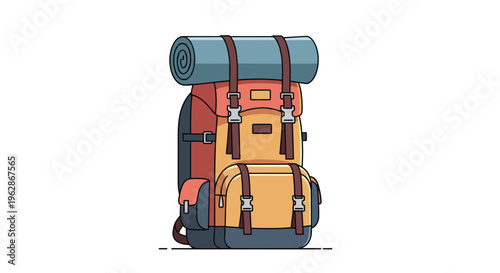 Fully equipped hiking backpack with a rolled sleeping mat strapped to the top ready for an outdoor camping adventure.