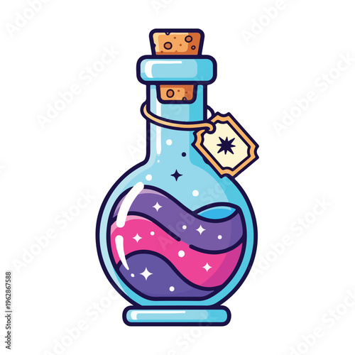 A cartoon potion bottle with swirling, colorful liquid and a tag