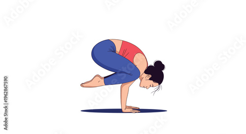 Athletic woman in yoga wear performing a challenging arm balance pose demonstrating her flexibility and strength.
